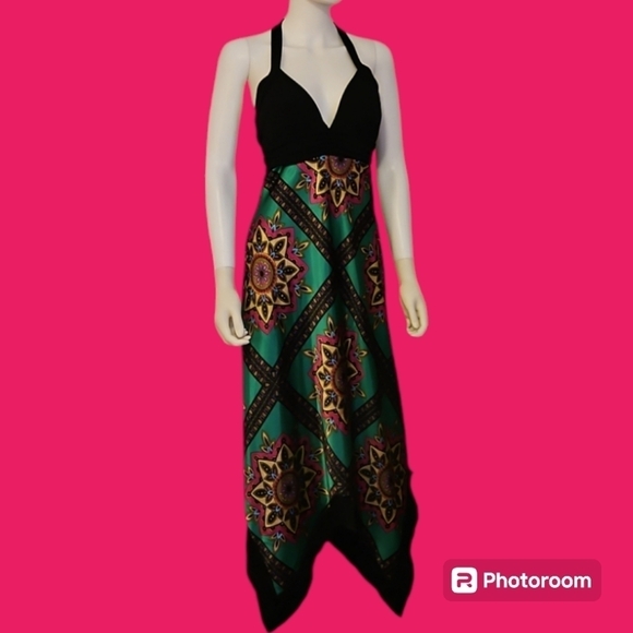 I.N. SAN FRANCISCO Assymetric Halter Satin Ethnic Handkerchief Shsrkbite Dress - Picture 1 of 10